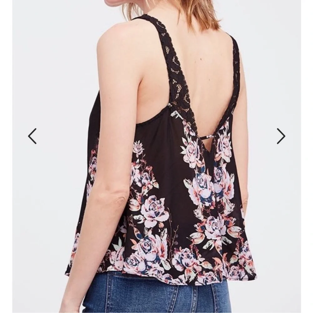 Free people intimately free morning rose floral Tank top black lace trim pink